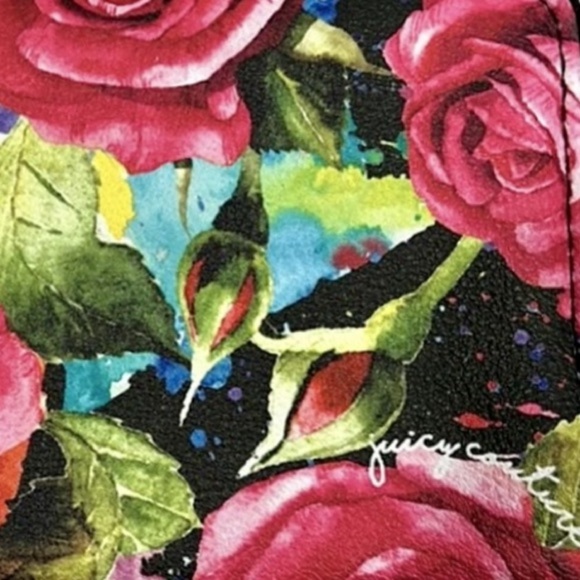Juicy Couture Wallet Off The Chain Large Zip Around Black Multi Rose Print NWT - Picture 6 of 10